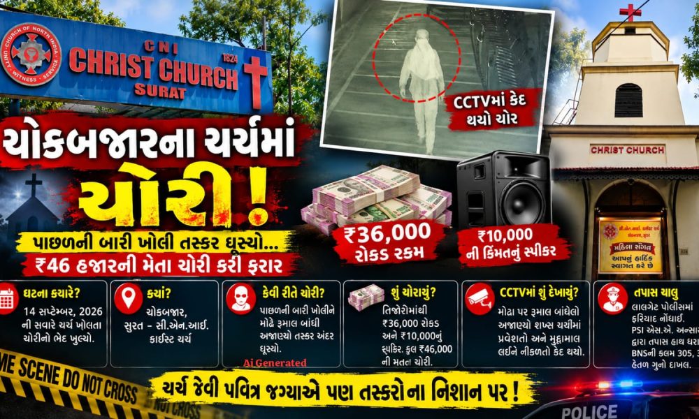 ચોક બજારના ચર્ચમાંથી ૪૬ હજારનાં મત્તાની ચોરી
